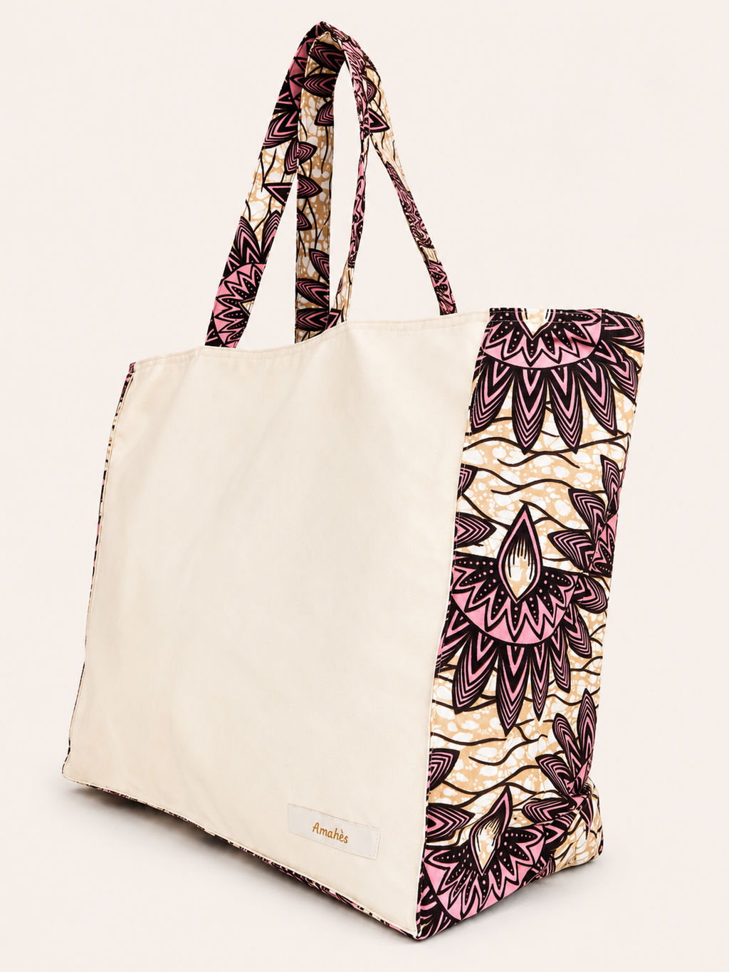 Cabas en toile et wax beige motif mandala sable - Amahès
