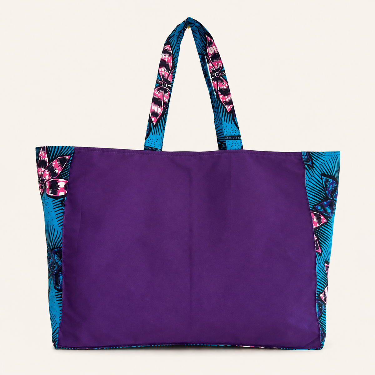 Cabas en toile et wax violet motif orchidée lagon - vue face - Amahès