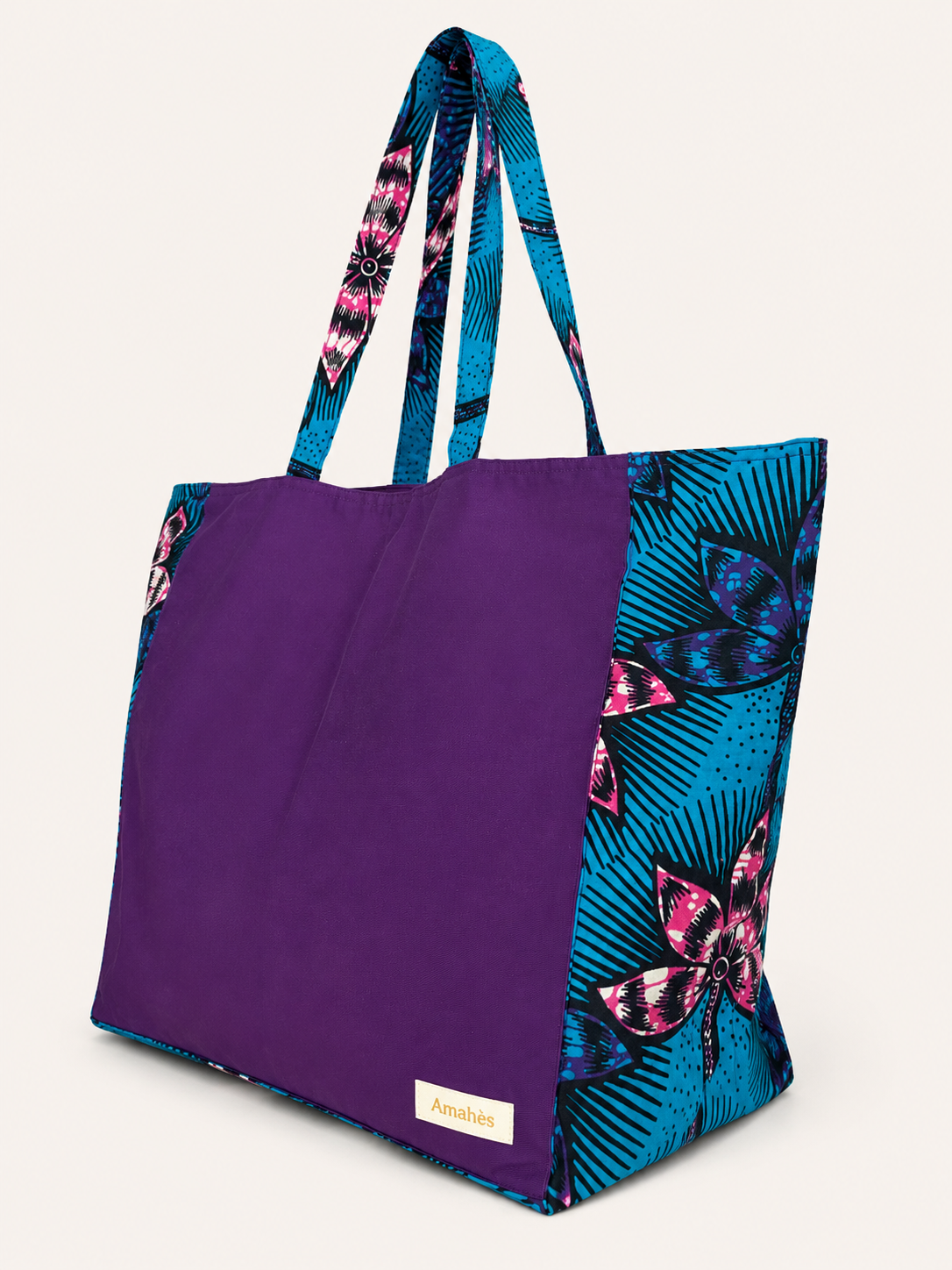 Cabas en toile et wax violet motif orchidée lagon - Amahès