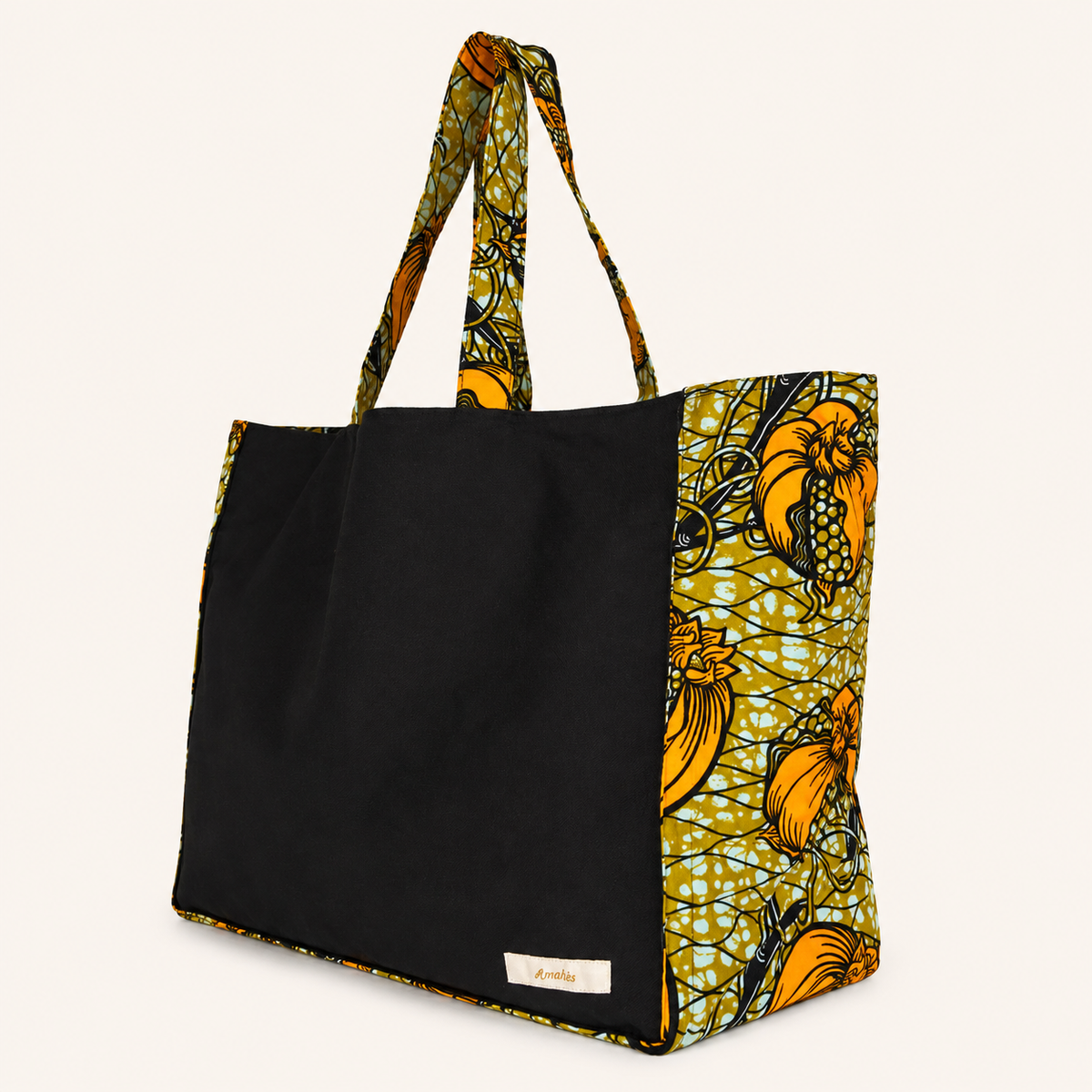 Cabas en toile et wax noir motif fleurs de safran - Amahès