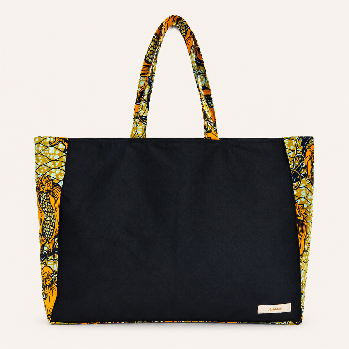 Cabas en toile et wax noir motif fleurs de safran - vue face - Amahès