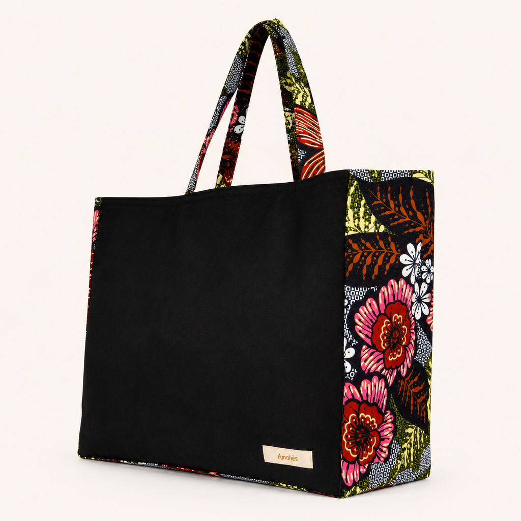 Cabas en toile et wax noir motif bouquet rubis - Amahès