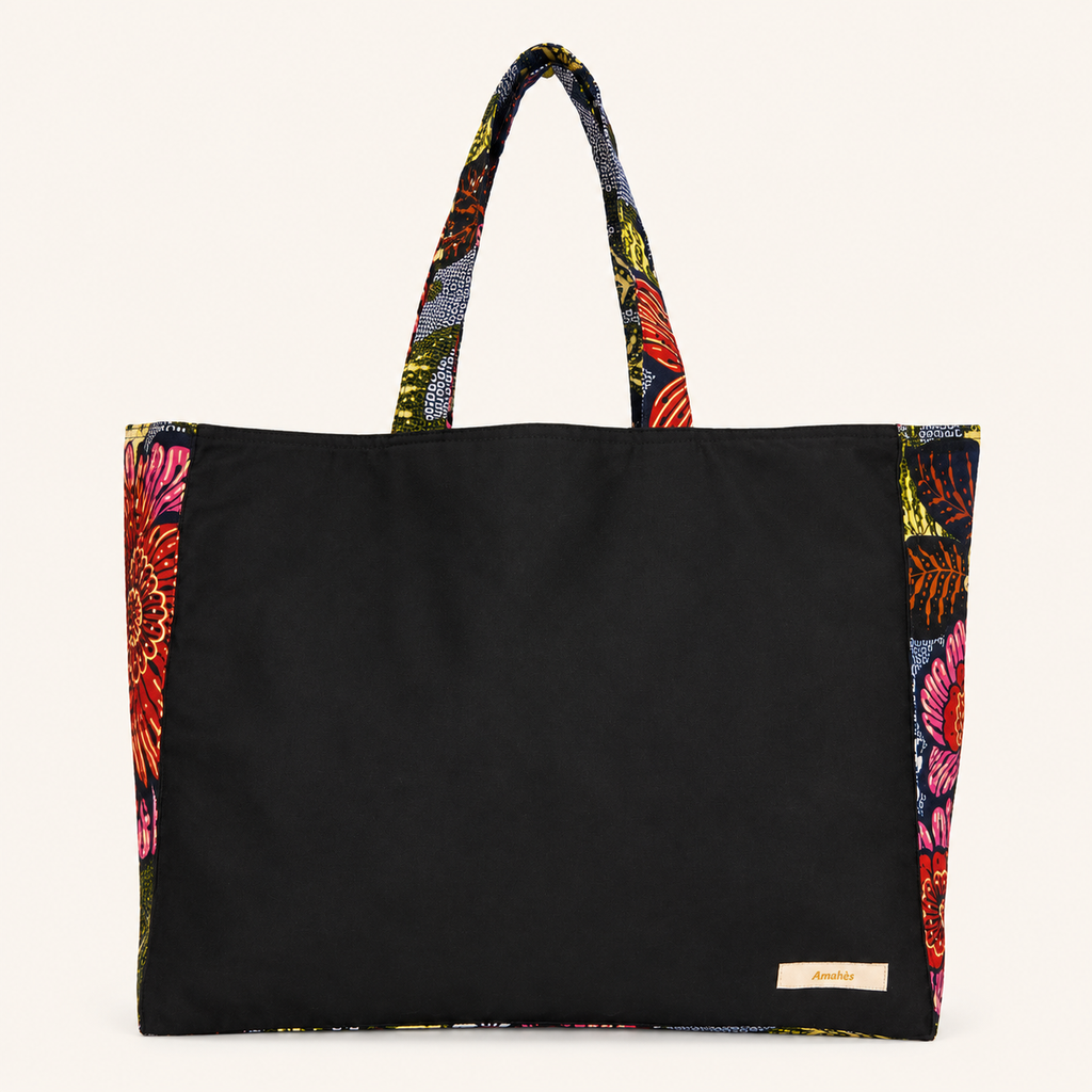 Cabas en toile et wax noir motif bouquet rubis - vue face - Amahès
