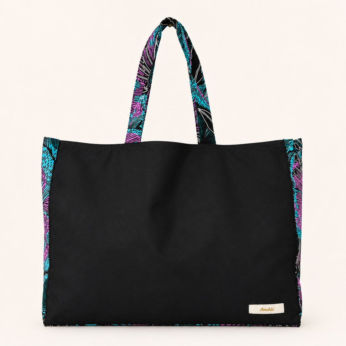 Cabas en toile et wax noir motif hibiscus vue face - Amahès