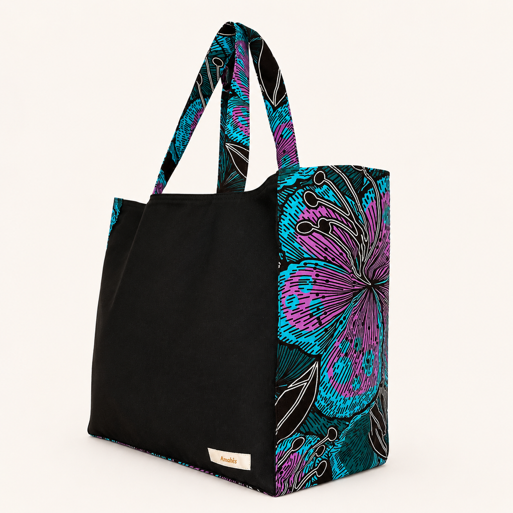 Cabas en toile et wax noir motif hibiscus - Amahès