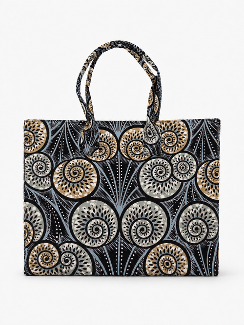Cabas en wax gris motif cercles graphiques doré - Amahès