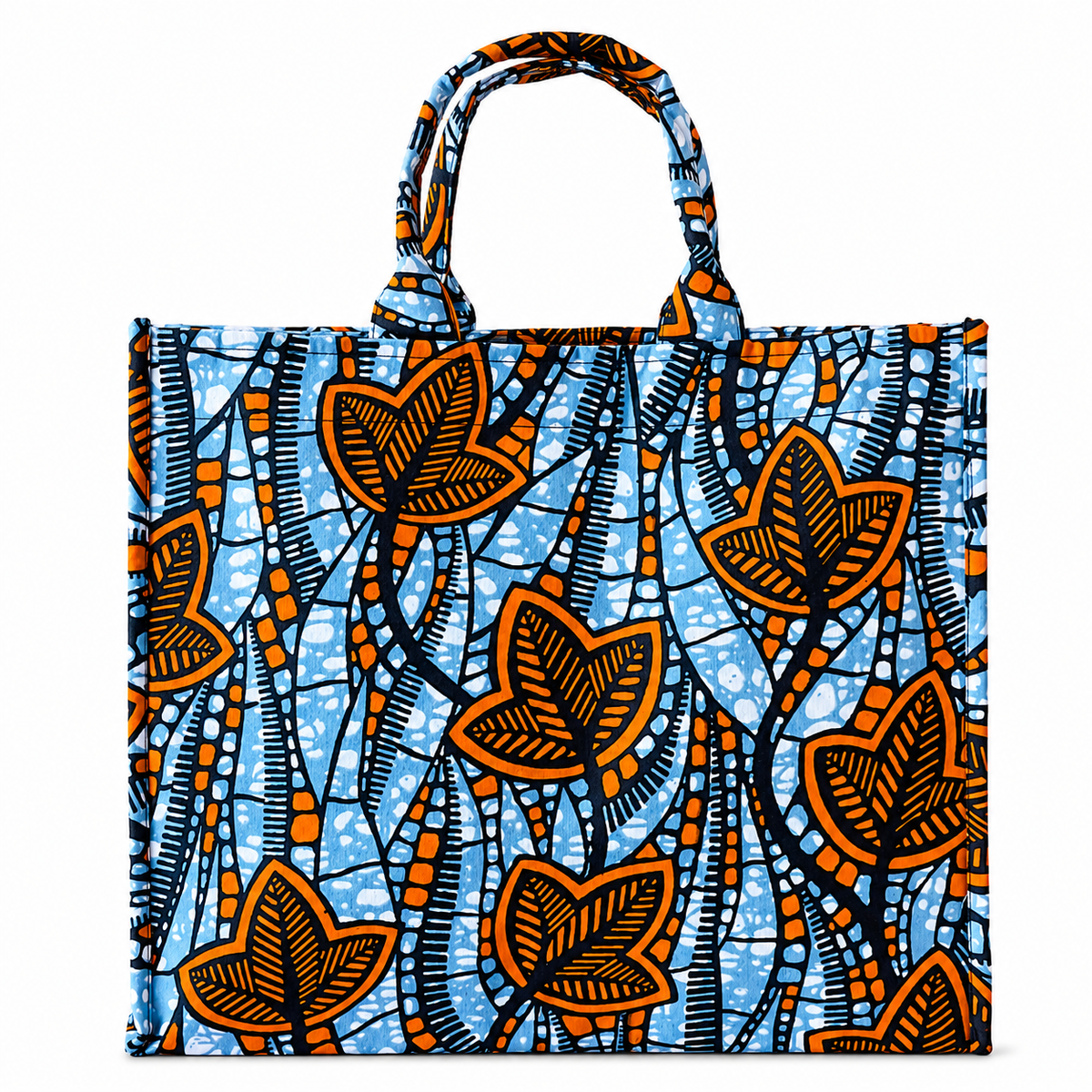 Cabas Petit - Wax bleu ciel feuilles orange - amahes