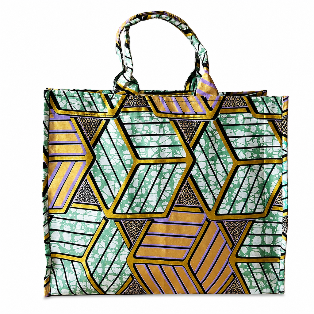 Cabas Petit - Wax brillant menthe hexagones dorés - amahes