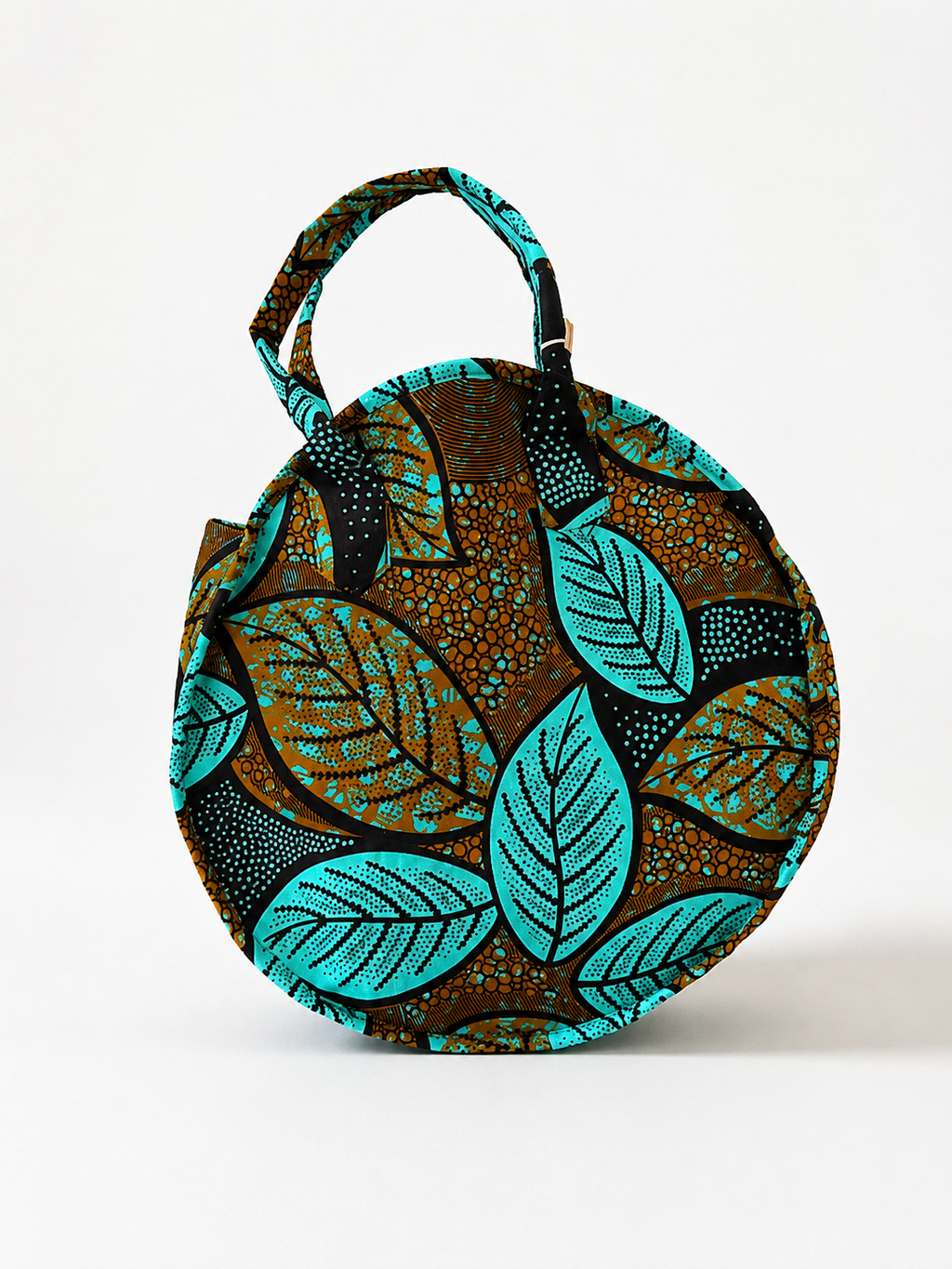 Cabas Petit Rond - Wax marron feuilles turquoise - amahes