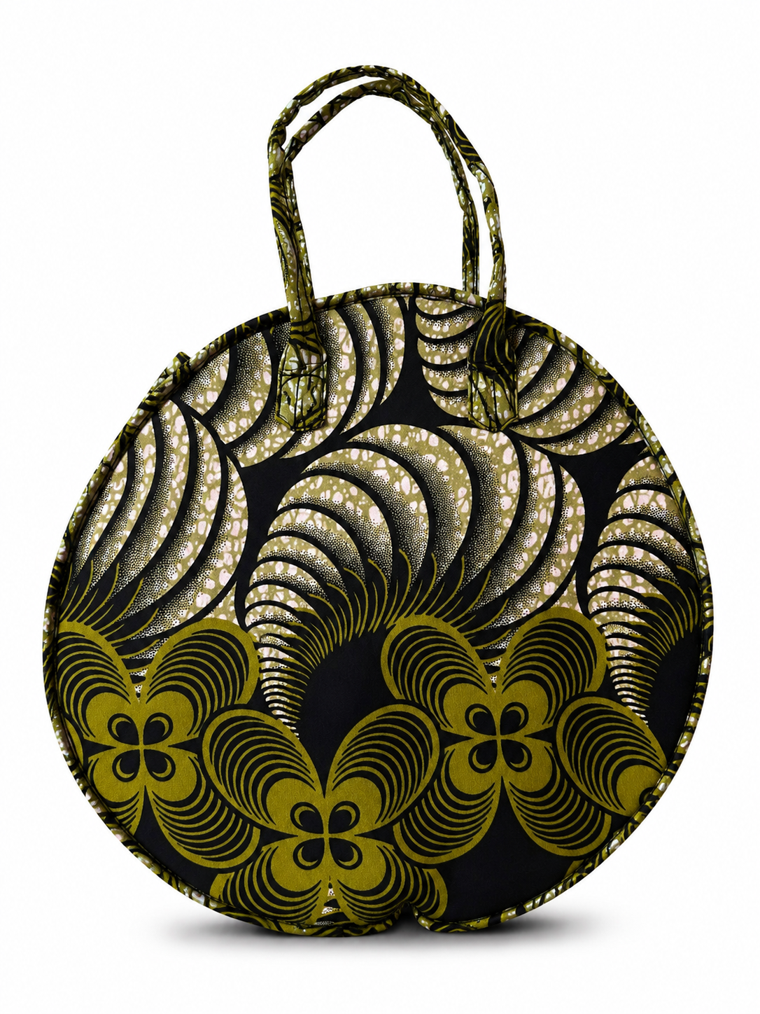 Cabas Rond Grand format - Wax olive éventail floral - amahes