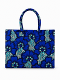 Cabas en wax bleu marine motif floral turquoise - Amahès