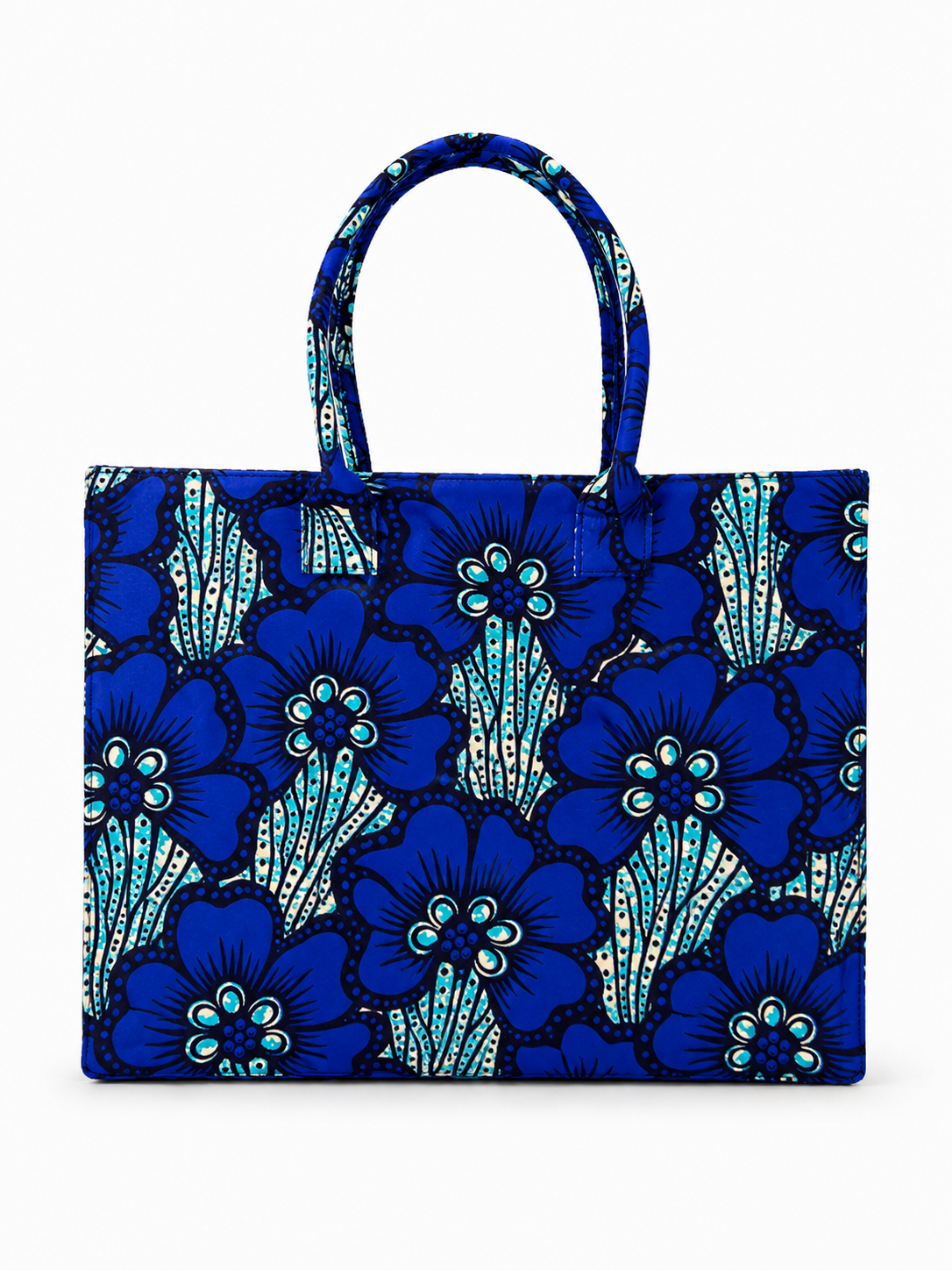 Cabas en wax bleu marine motif floral turquoise - Amahès