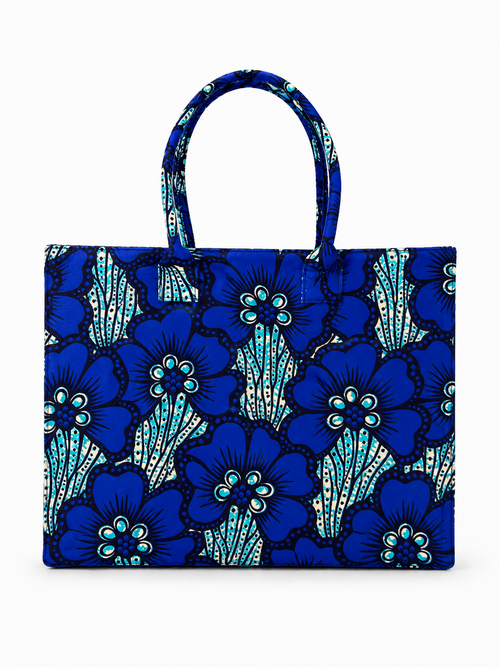 Cabas en wax bleu marine motif floral turquoise - Amahès
