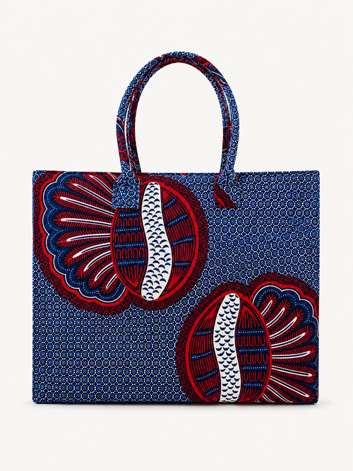 Cabas en wax bleu marine motif éventail bordeaux - Amahès