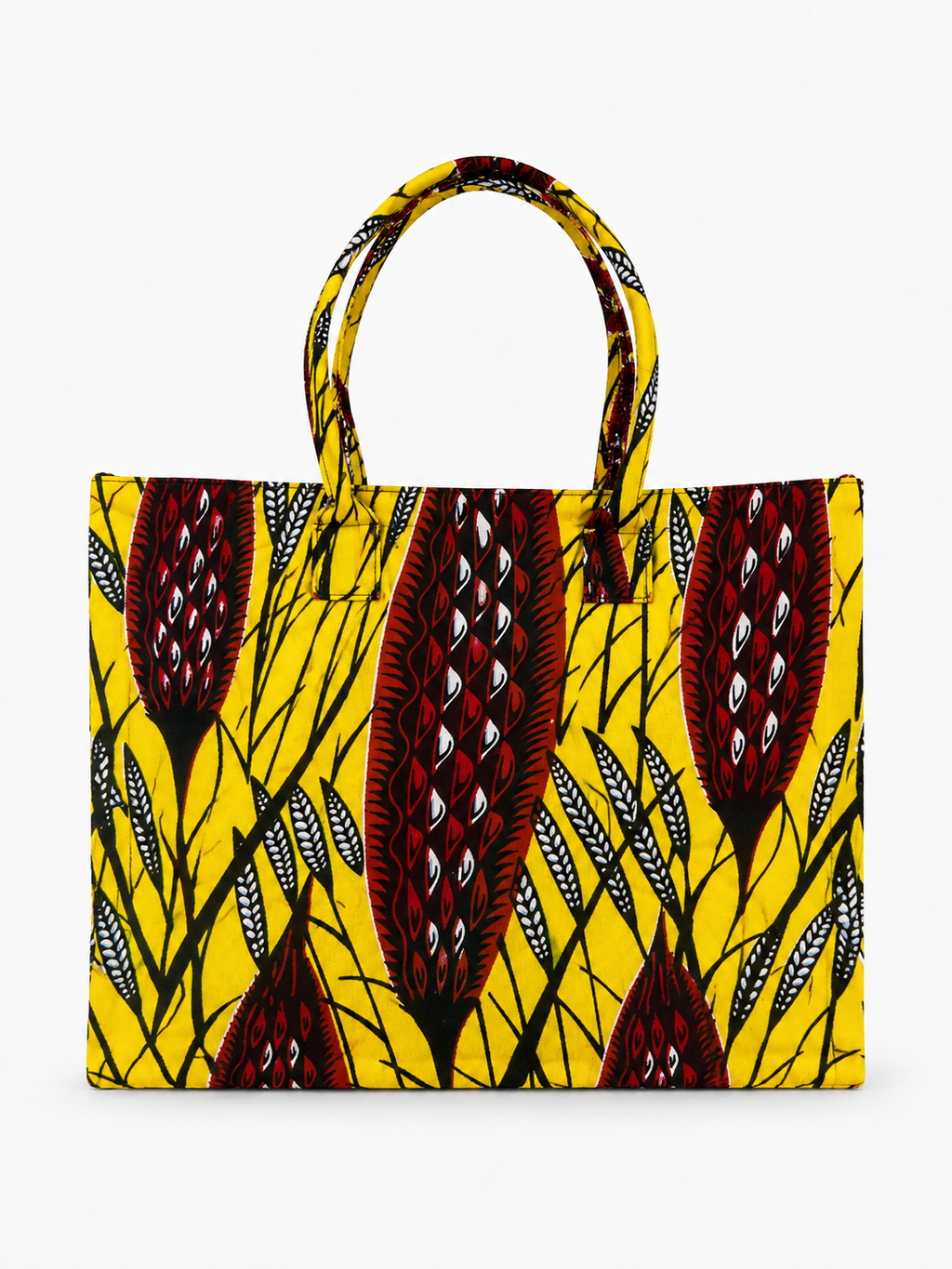 Cabas en wax jaune motif plumes bordeaux - Amahes