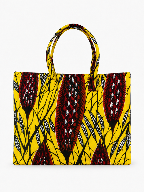 Cabas en wax jaune motif plumes bordeaux - Amahes