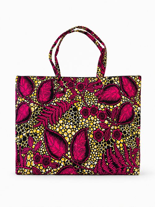 Cabas en wax magenta motif floral et pois noir - Amahès