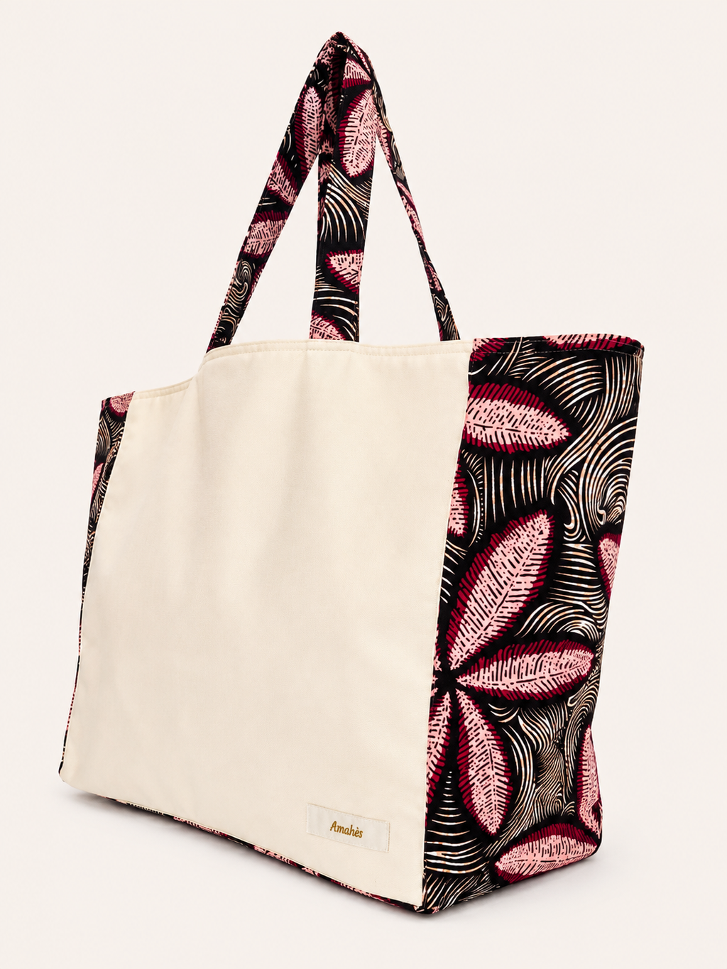 Cabas en toile et wax beige motif feuillage grenat - Amahès