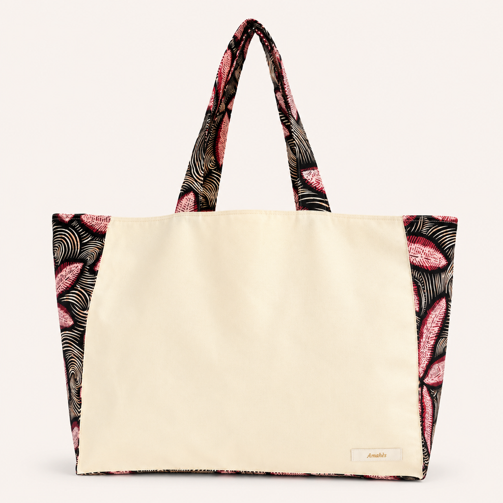 Cabas en toile et wax beige motif feuillage grenat - Amahès