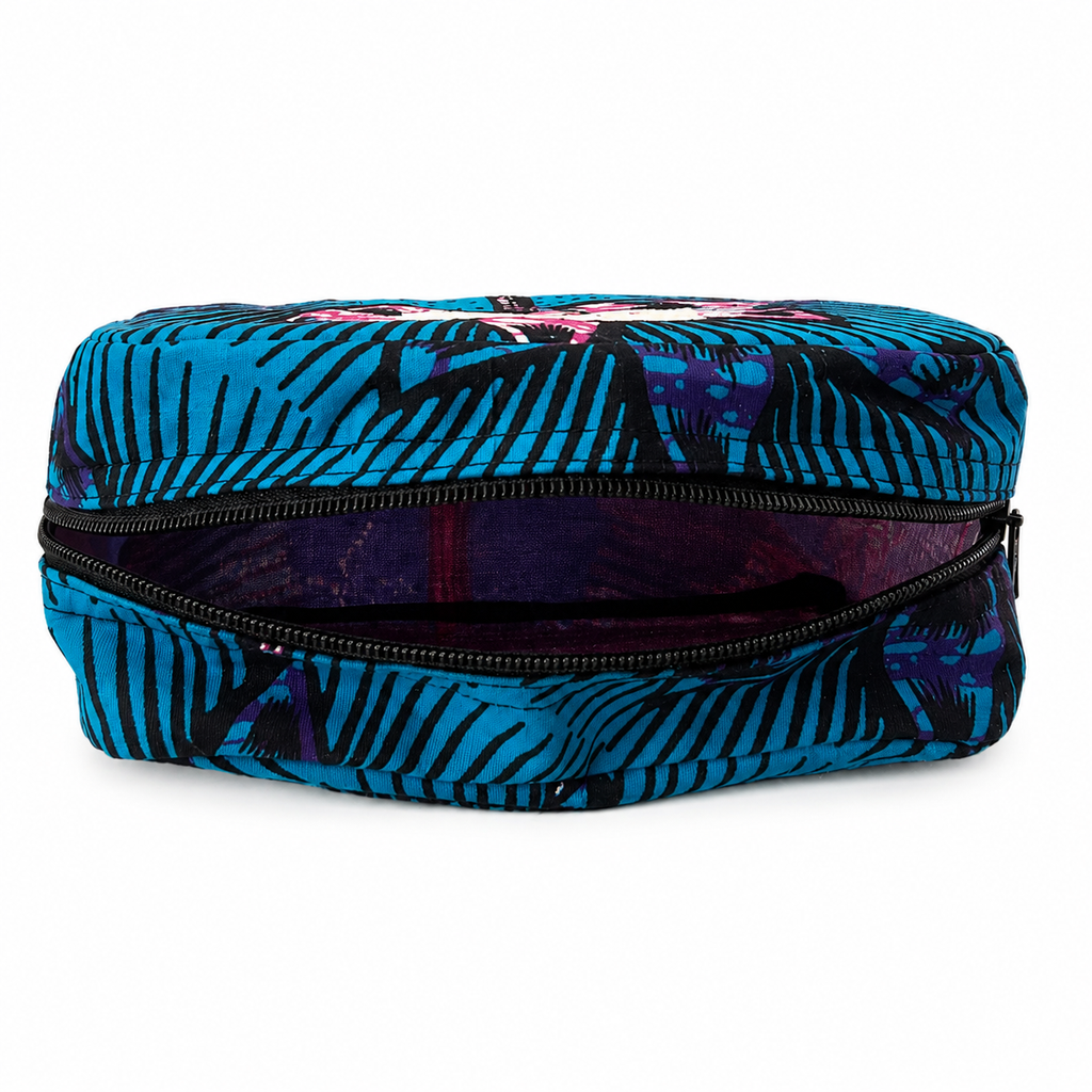 Trousse avec fermeture éclair - Wax bleu fleur rose - amahes