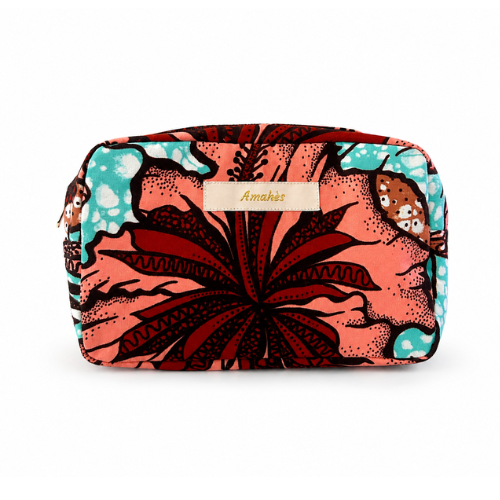 Trousse avec fermeture éclair - Wax corail feuilles bordeaux - amahes