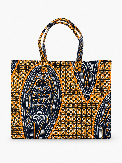 Cabas en wax bleu marine motif géométrique doré - Amahès